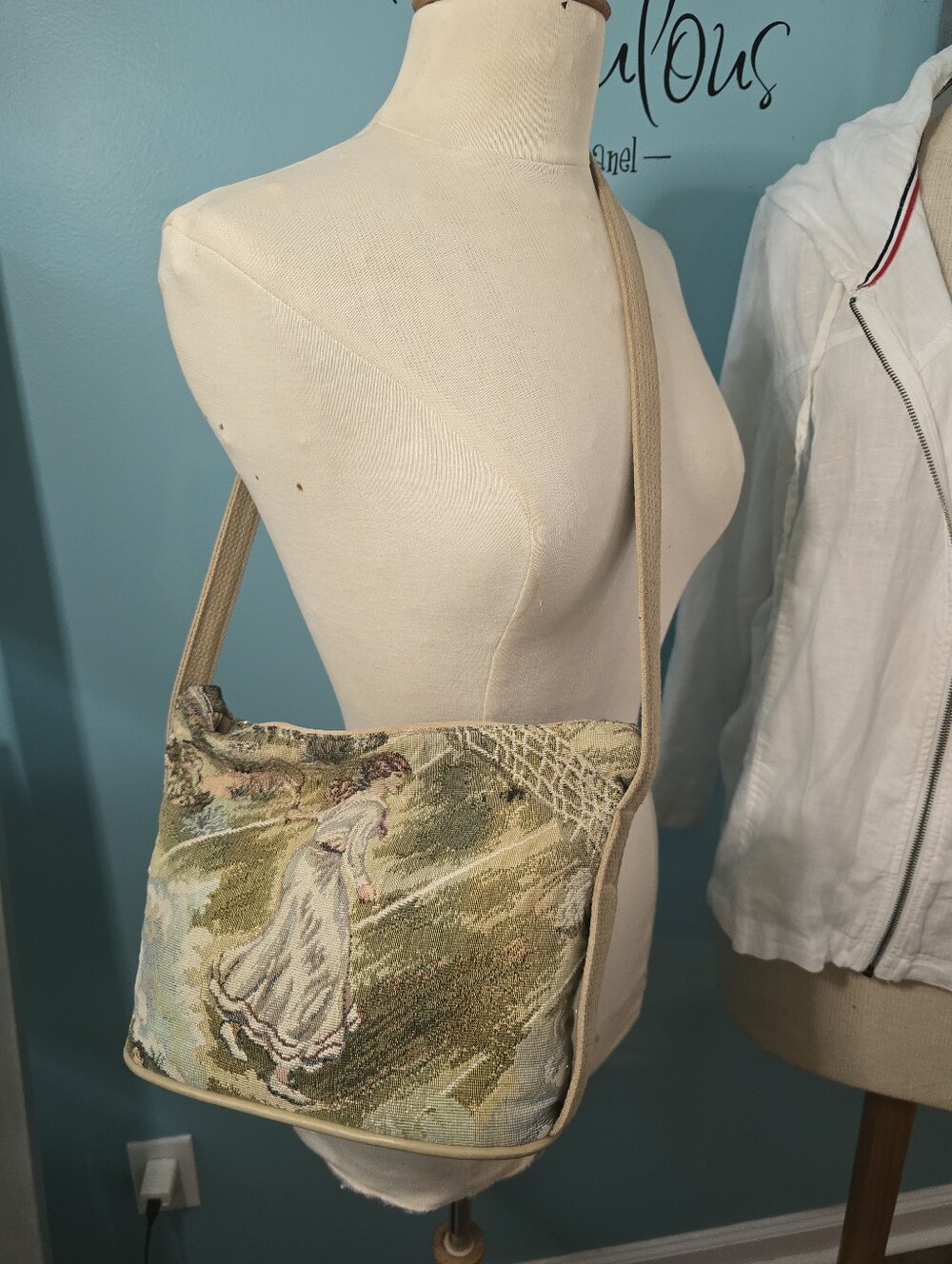 Tapestry Crossbody Shoulder Bag with Unique Victorian-Style Tennis Player